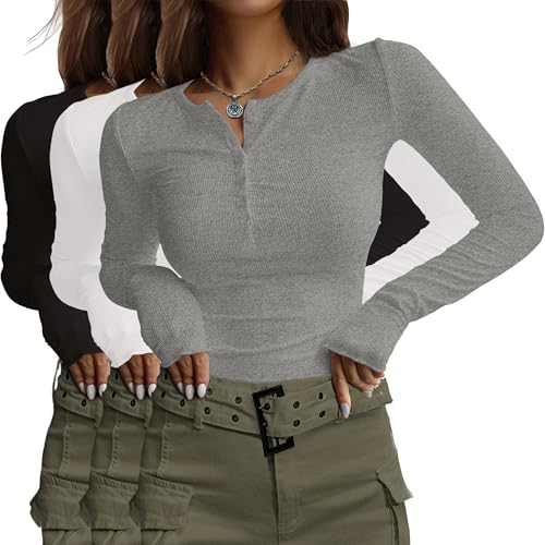 Ekouaer Women's Long Sleeve Shirts 3 Packs Henley Button Down Tops Ribbed Slim Fit Base Layer Soft Thermal Tee