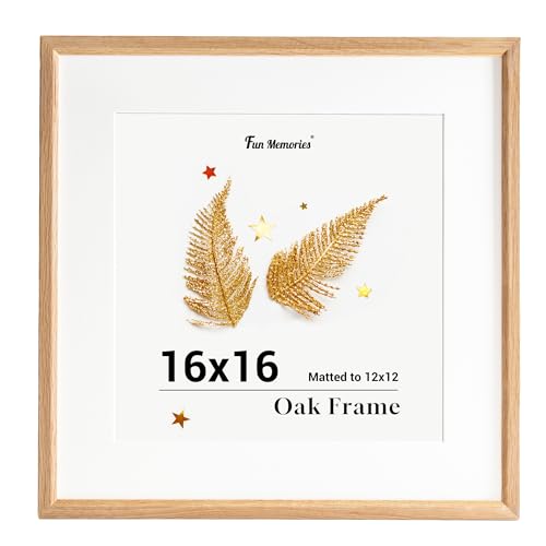 16x16インチ 写真フレーム 木製 オーク材 正方形 写真フレーム 16x16インチ 12x12マット付き 16x16インチ 天然木フォトフレーム 壁用フック付き 1個セット