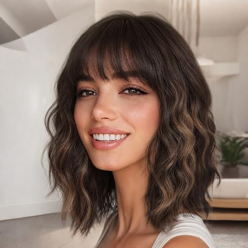 Nnzes Wig with Bangs for Women Shoulder Length Bob Wavy Women's Charming Synthetic Brown mixed Blonde Highlight Wigs with Natural Curly Heat Resistant Hair for Daily Party Use