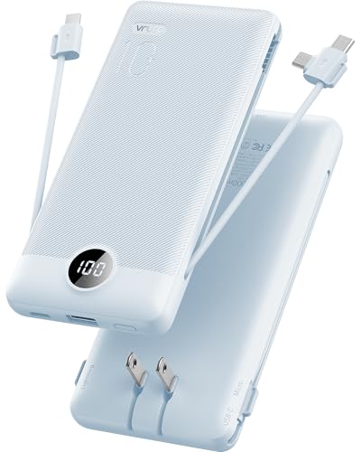 VRURC Portable Charger Built-in Cables and AC Wall Plug, USB C Power Bank 10000mAh, Travel...