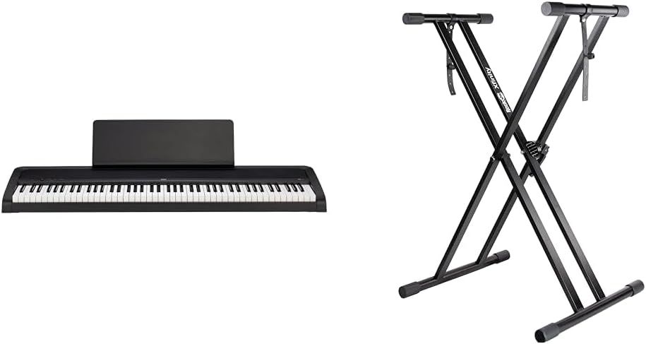 KORG B2 Digital Piano with 88 Weighted Keys - Black and RockJam XX-363 Xfinity Doublebraced Pre Assembled Keyboard Stand with Locking Straps & Lessons,Black