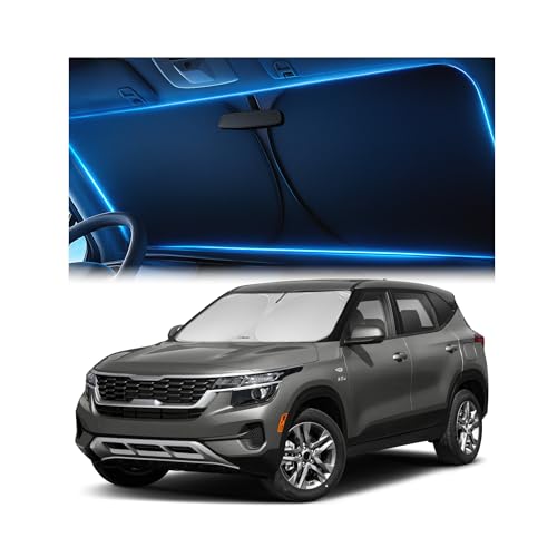 Windshield Sunshade for Kia Seltos 2021 2022 2023 2024 2025 2026 – Upgraded Double-Layer Design, Mirror Cut-Out, Blocks 99% UV Rays, Thick & Durable, Easy-Fold Kia Seltos Windshield Sun Shade