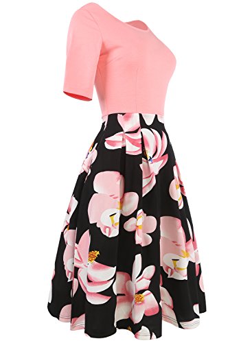 oxiuly Women's 1950's Pink Flower Patchwork A-line Cocktail Party Midi Dress 165 (XL, Pink)