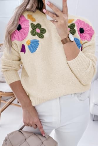 Stylish Long Sleeve Sweater: Beige Knitted with Flower Pattern2