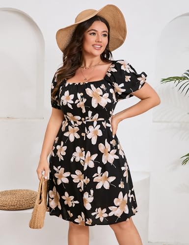 Image of Plus Size Women Boho Floral Dress Puff Short Sleeve Square Neck Button Front A-Line Flowy Summer Casual Midi Dress