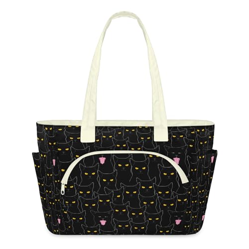 Sac à bandoulière pour voyage et travail : le grand cabas matelassé chats noirs