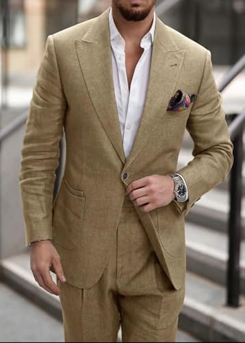 ORBITRAY Men Linen Suit 2 Pieces Wedding Slim Fit Blazer Pant Set Lightweight Summer Wear3
