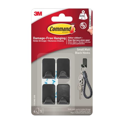 Command Small Metallic Hook Black 4 Hooks 5 Adhesive Strips - Indoor use - Damage Free Hanging