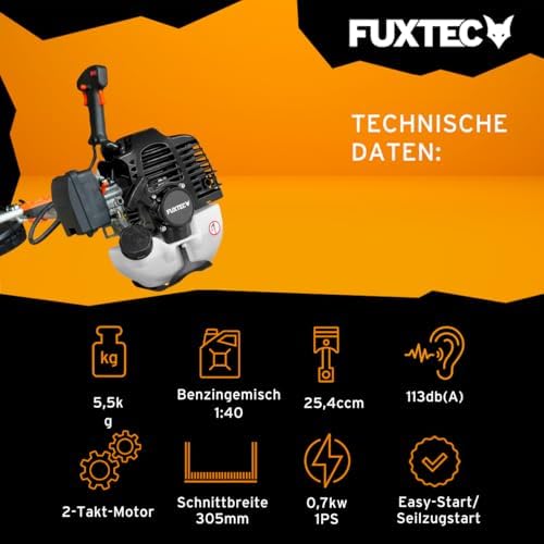 Bild 2 - FUXTEC Benzin Motorsense FX-MS125 – 25,4 CCM / 1PS Leistung – 2-Takt Rasentrimmer nur 5,5kg – Freischneider mit 305mm Schnittbreite – Trimmer mit Faden und Messer