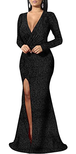 BestGirl Formal Long Sleeve Dress for Women Sequin Bodycon Ruched Sparkly Dresses3