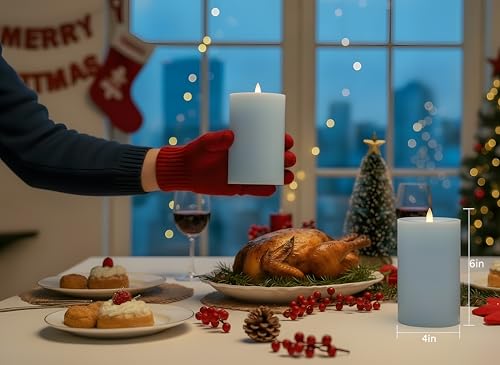 Image of Flameless Pillar Candles Flickering with Remote Timer, Battery Operated LED Candles Up to 400 Hours, 3D Moving Flame Real Wax Candles, D4 x H6, Remote Included (Ice Blue, 4inx6in)