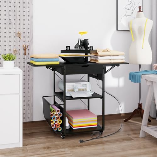 PUNCIA Foldable Heat Press Table with Drawers - Heavy Duty Heat Press Stand with Wheels for Easy Mobility Collapsible Heavy Duty Workbench for Sublimation T-Shirts and Caps Heat Transfer Project