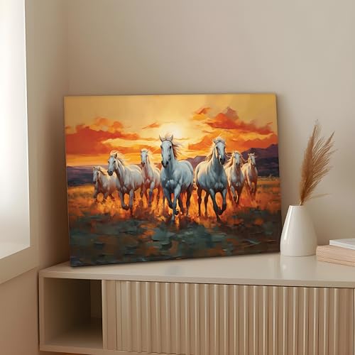 Image of 7 Running Horses Vastu Stretched Canvas Painting For Living Room Seven White Horses Wall Art Painting Symbol of Success, Growth & Positive Energy Wall Art for Home & Office, 12x16 Inch