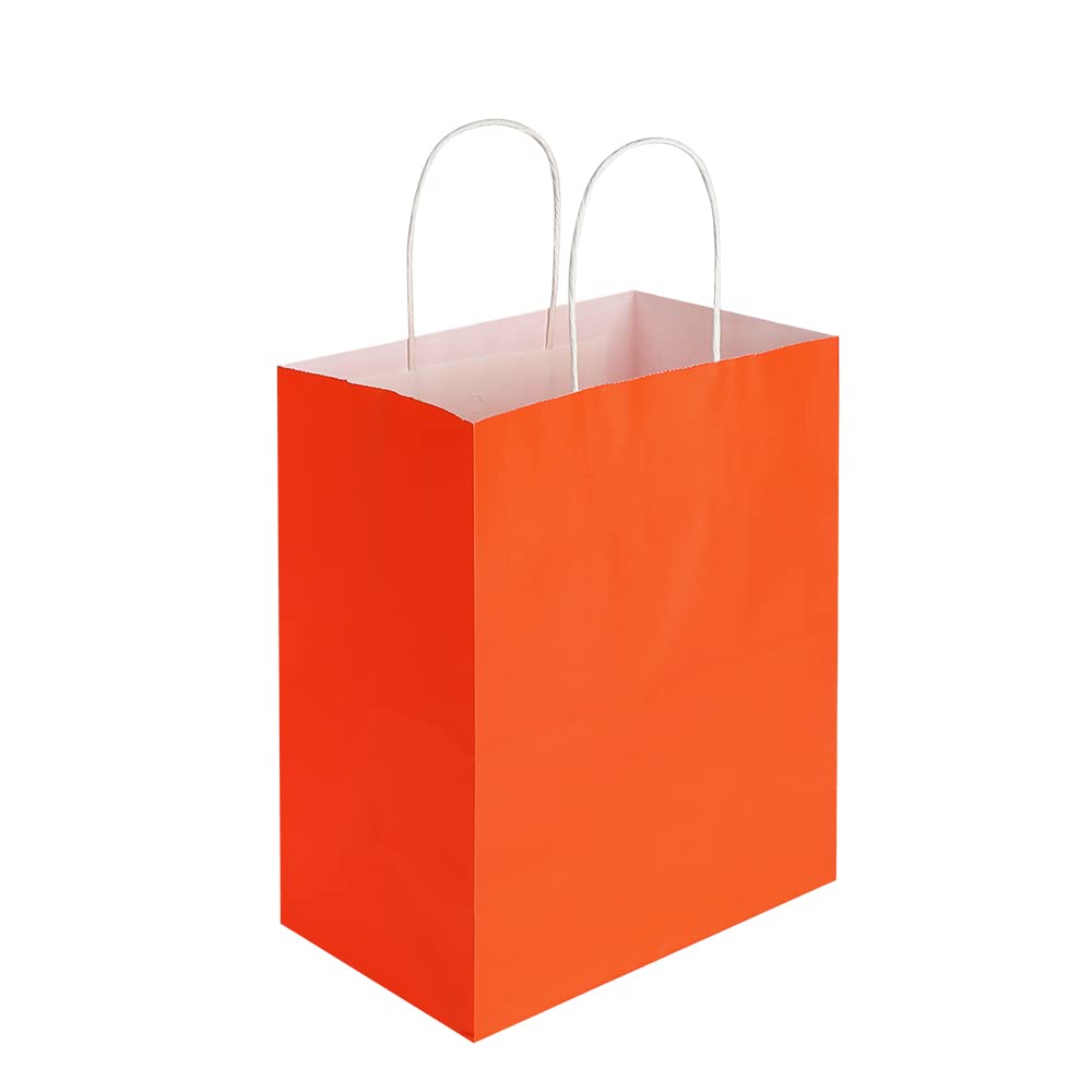 Oikss 50 Pack 8x4.75x10 Inch Medium Orange Kraft Paper Bags with Handles Bulk for Birthday Wedding Party Favors Grocery Retail Shopping Takeout Business Goody Craft Gift Bags Sacks, (50pcs Count)