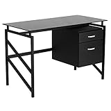 Flash Furniture Singleton Glass Desk with Two Drawer Pedestal,Black