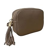 ALEXANDER MILANO Bolso de Mujer Piel auténtica. Bolso de Piel Liso y Lacado. 2 Cremalleras con Correa Larga Cuero Ajustable. Made IN Italy. Vera Pelle Italiana. 20x15x8 cm. (Taupe)