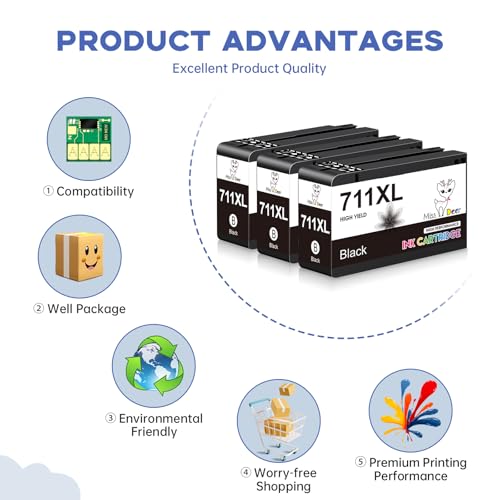 Image of Miss Deer 711XL Black Ink Cartridge,Compatible Replacement for DesignJet T530 T525 T520 T130 T125 T120 and T100 Large Format Plotter Printers,38-ml,3 Pack