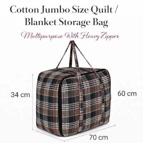 Image of HOUSE FOX Jumbo XXXL Cotton 142 Litre Underbed Storage Bag for Double Blanket | Quilt | Clothes | Traveling Storage Bag Heavy Zipper & Strong Handle MultiPurpose Size -70x60x34 Cm (Black Brown, 2 Pcs)