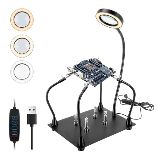 Helping Hands Soldering Station, Welding Third Hand Tool with 6X Magnifying Glass & 3 Color LED Light, Sturdy Base and 4 Adjustable Magnetic Solder Holder, for Soldering, Repair Circuit Board, Crafts