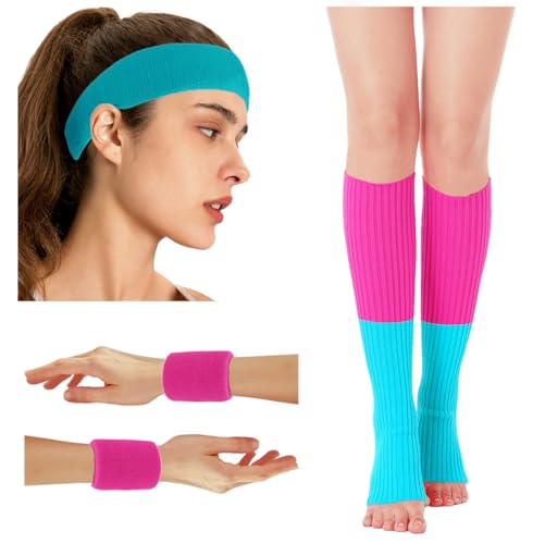 Image of v28 Neon Leg Warmers Set for women Headband Sweatbands Wristbands 80s 90s Pink Running Fanny 80's Plus Size Costumes Pack
