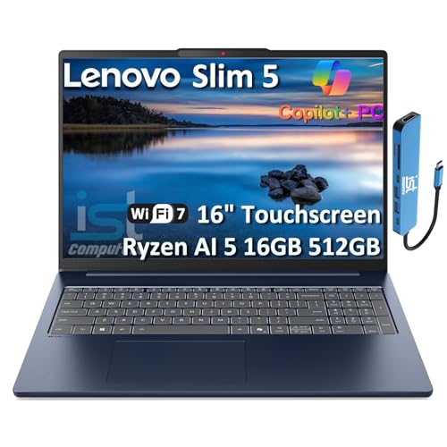 Image of Lenovo Slim 5 Touchscreen Laptop (16 inch FHD+, AMD Ryzen AI 5 340 (>i7-1355U), 16GB DDR5, 512GB SSD) Copilot+ PC for Business, Home, IR Webcam, Backlit, 11-Hr Battery Life, IST hub, Wi-Fi 7, Win 11 Home