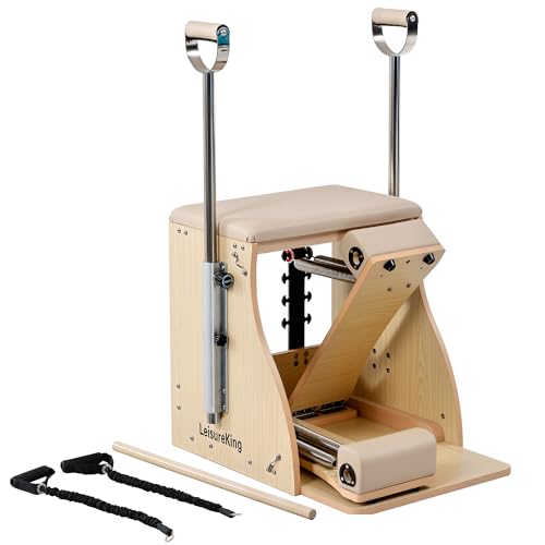 LeisureKing Pilates Combo Chair for Home Workouts, Wunda Chair with 5-Level Handles, Split Pedals, Resistance Bands, for Studio, Gym, Pilates Workout, Rehabilitation Exercises, Easy Assembly, Beige