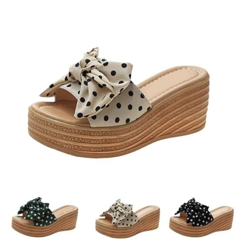 Ribbon Bow Polka Dot Casual Close Toe Heels Stylish Sandals Polka Dot Wedge Slide Sandals for Women Fashion Bowknot Design (Beig
