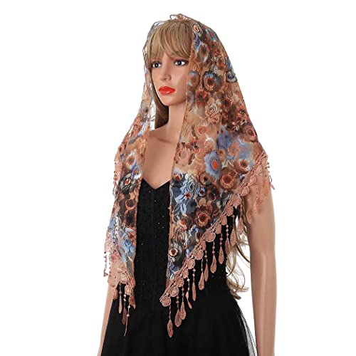 Lace Floral Church Veils Wedding Triangle Tulle Head Covering Tassel Mass Wrap Chapel Mantilla Veil for Women