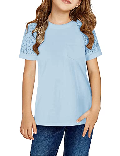 Image of Girls Summer Short Sleeve Shirts Lace Casual Cute Crew Neck Solid Color Blouses Tops Sizes 6-15 Years