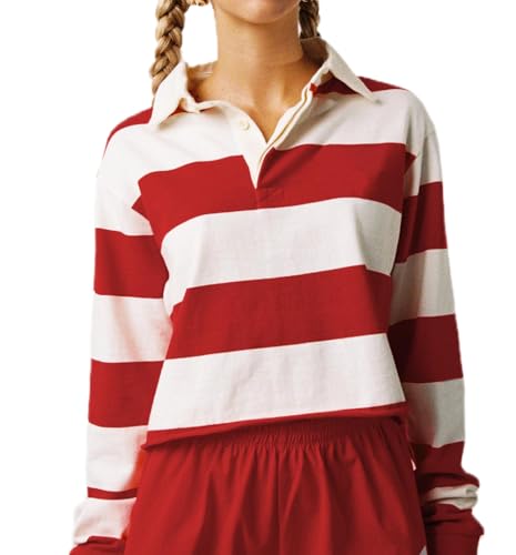 Women Striped Oversized Polo Shirt Long Sleeve V Neck Pullover Sweatshirt Color Block Lapel Collar Rugby Shirt