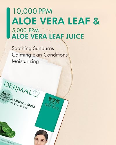 DERMAL Aloe Collagen Essence Facial Mask Sheet 23g Pack of 10 - Skin Revitalizing & Soothing, Refreshing and Moisturizing, Sunburn Relief, Daily Skin Treatment Solution Sheet Mask