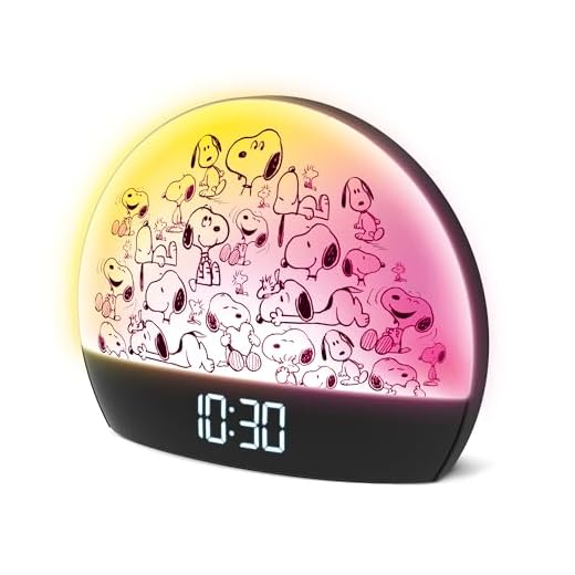 Peanuts Snoopy Sunrise Alarm Clock – Vibrant Snoopy Edition with Multicolor Lights, USB Charging, LED Display, Gentle Wake-Up Simulation, and Handy Snooze Function, Black