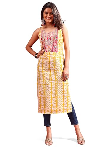 Image of EthnicJunction Women's Cotton Blend Straight Fit Straight Embroidered Batik Print Shoulder Straps Kurta | Navratri Special Kurta