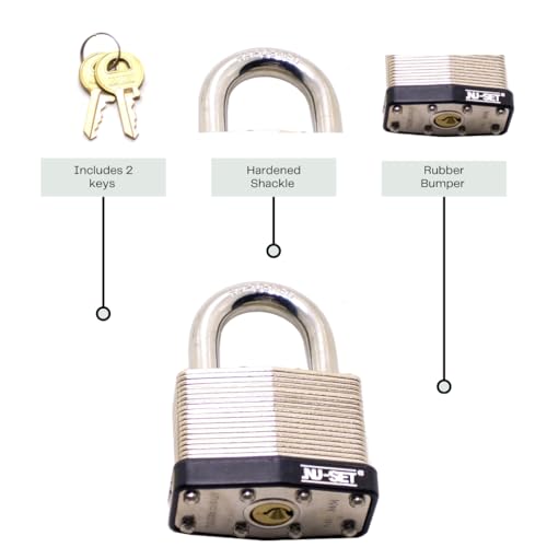 Image of NUSET 2 inch Laminated Hardend Shackle Padlock-Pin Tumber Double Locking with Rubber Bumper, Keyed Alike, Set of 2
