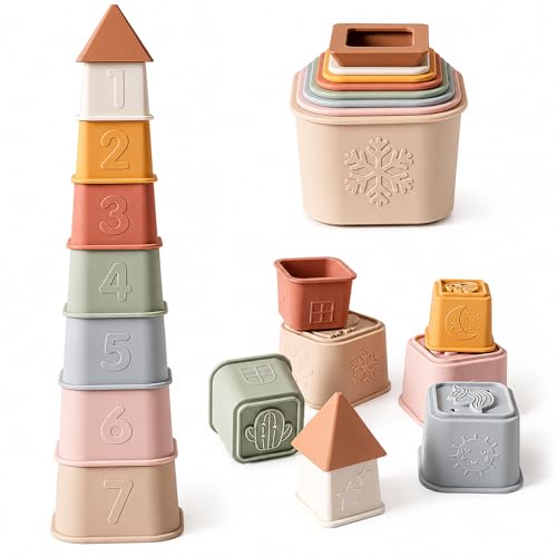 Image of YIVEKO Baby Stacking Cups Toy, Silicone Stacking Tower Educational Baby Toys 6M+, Soft Teething Building Blocks 8 Pcs, BPA Free Sensory Infant Toy, Bath & Beach Toys, Vintage Neutral Colors-Gentle