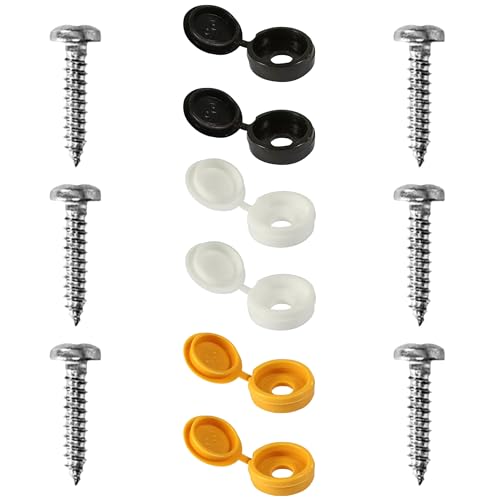 12Pc Number Plate Screws & Caps Universal Car License Plate Fixing Kit (Black White Yellow 2 Each) RustProof Plastic Caps & Bolts Easy DIY Install