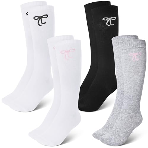 Jamntower 4 Pairs Bow Compression Socks for Women Pregnancy Compression Stockings 20-30 Mmhg Circulation Support Socks for Adult
