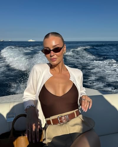 Image of GUVIVI Retro Oval Sunglasses for Women Chic Cat Eye 90s Sunnies Lightweight Narrow Shades Trendy UV protection Sun Glasses