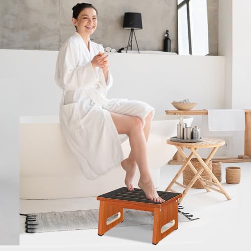 Image of One Step Stool for Adults Seniors with Non-Slip Rubber Stepping Feet, Heavy Duty Wooden Step Stool, 8.7 in Portable Bed Steps for High Beds for Bathroom, Bedroom, Kitchen & Bedside Kids Support