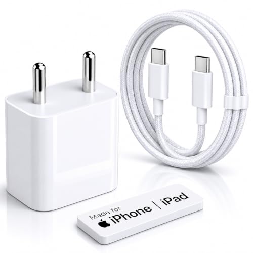 Image of 20W Type C PD Adapter with Braided Type C to C Data Cable Compatible with iPhone 17 /17 Air /17e /17 /16 /15 /Pro /Max /Plus /ProMax, USB C Charger 20watt |BIS Certified, 6 Months Warranty White