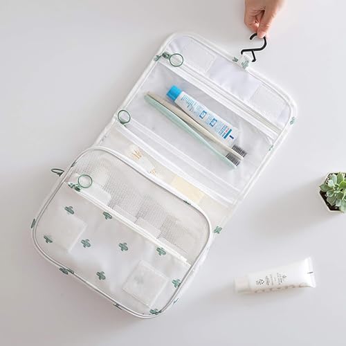 Image of Travel Toiletry Bag with Hanging Hook, Waterproof Cosmetic Organizer Pouch, Foldable Makeup Storage Case with Mesh & Transparent Compartments, Portable Travel Accessories Bag (White White)