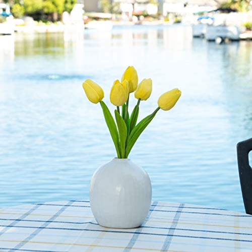 Flora Bunda Artificial Flowers Real Touch Yellow Tulips in 5 in H Ceramic Vase, 11.25 in H include. Matte White Vase, Potted Fake Tulips for Wedding Centerpiece Office Home Decorations (Vase Included)