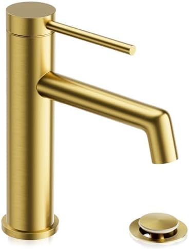 Phiestina Grifo de baño de oro cepillado, grifo de lavabo de baño de una sola manija, con línea de suministro de agua y drenaje desplegable de
