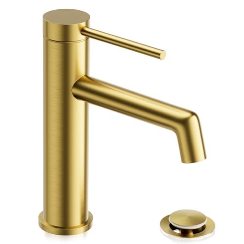 Phiestina Brushed Gold Bathroom Faucet, Single Hole Single Handle Bathroom Sink Faucet, with Water Supply Line and Metal Pop Up Drain, SGF06-BG