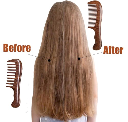 2 Pcs Wooden Hair Comb Set Wide Tooth and Fine Tooth Sandalwood Comb for Women Men, Anti-static Detangling Comb with Curved Handle for Curly Straight Fine Hair, Wet or Dry Use — view 4