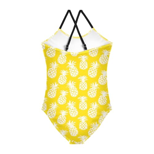 senya Girls Swimsuits One-Piece Swimwear Tie Bathing Suit Beach Summer Round Neck 9-10T White Pineapples on Yellow Pattern2