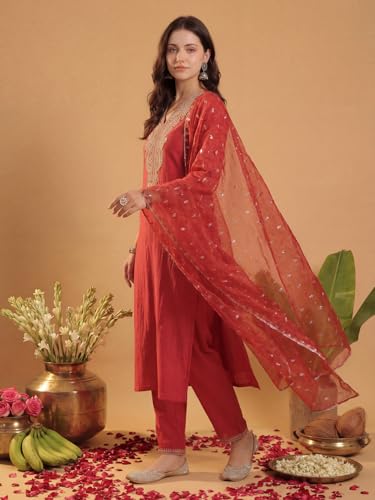 Image of INDO ERA Women's Liva Red Paisley Embroidered Sequinned Straight Kurta & Pant with Dupatta Set