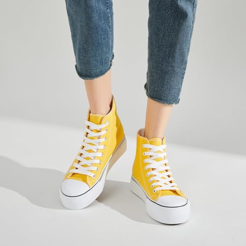 Image of FRACORA Womens High Top Canvas Shoes White Black Platform Sneakers Lace Up Shoes for Women