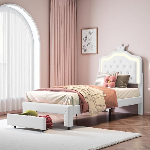 Ptueer - Cama individual acolchada 90x200 cm, cama infantil con cajón, camas 90x200 niñas, camas princesa con LED ajustable con somier de láminas y cabecera de cama ajustable en altura, PU (blanco, 90