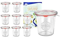 Set 9 bicchieri Weck da 580 ml cristalli da 1/2 l con 9 coperchi in vetro, 9 vasetti di cottura e 18 morsetti, incluso di libro delle ricette di zucchero Diamant